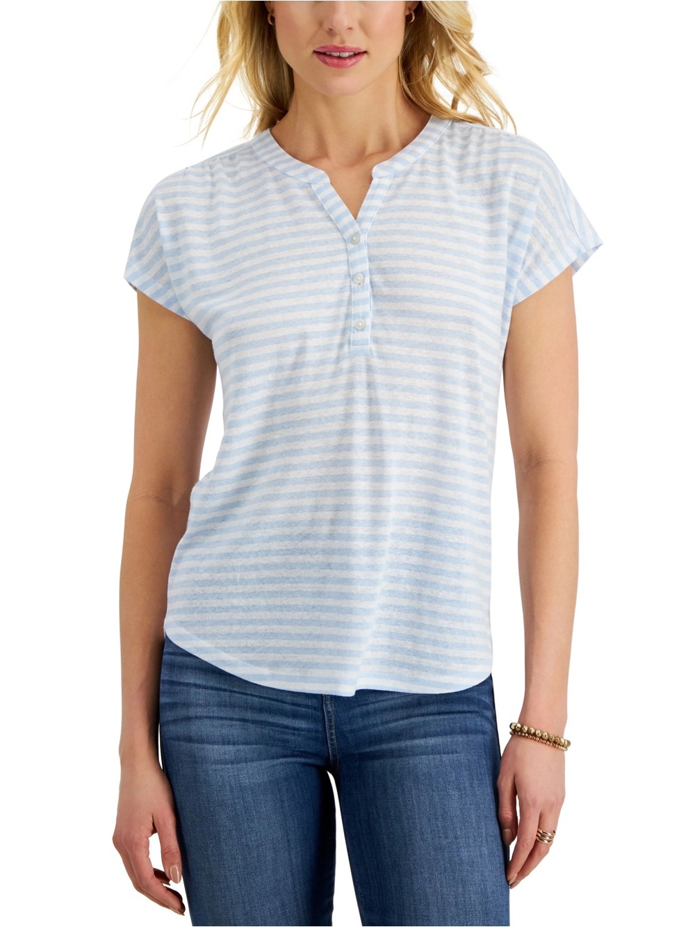 Style & Co. Light Blue Striped Henley Short Sleeve Top